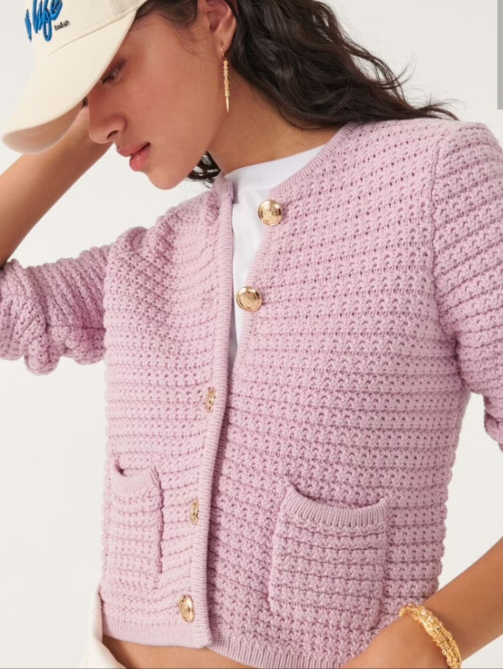 Bash Gaspard Lilac Cropped Pink Textured Knit Cardigan Sweater